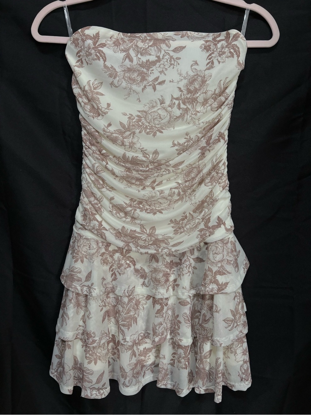 Madden Girl Strapless Floral Tiered Dress in Cream and Brown